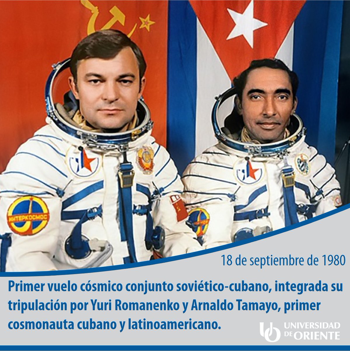 A 45 años del primer vuelo cósmico conjunto soviético-cubano, integrada su tripulación por Yuri Romanenko y Arnaldo Tamayo. Recordamos este hecho como un símbolo de la amistad fraternal entre #Cuba y #Rusia. #TenemosMemoria
