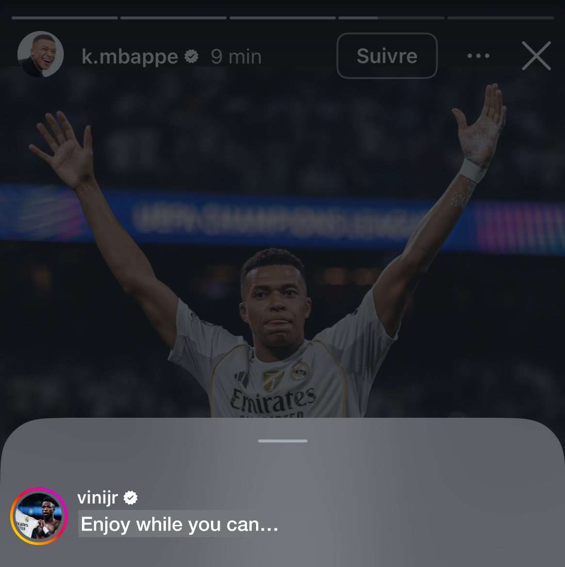 🚨💣 La réaction énigmatique de Vinicius Junior 🇧🇷 à la dernière story de Kylian Mbappé 🇫🇷 :

« Profite tant que tu peux… » 🧐

📲 (IG)
