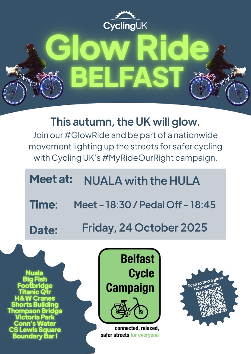 We warmly invite you to be part of the UK wide mass 'Glow Rides' with <a href="/WeAreCyclingUK/">Cycling UK</a> 's #MyRideOurRight campaign

Calling for changes to make cycling safer and more accessible for women

All welcome to join what should be a fun ride, register here:

eventbrite.com/e/belfast-glow…