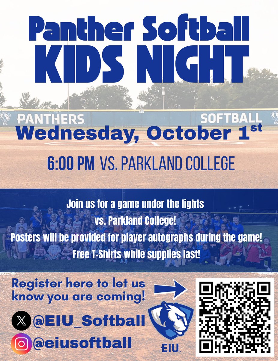 Join us Wednesday, October 1st for Kids Night!  Wear your team's jersey and register using the QR Code to have a shout out to your team during the game!

Players will be signing autographs and free t shirts will be given out (while supplies last) Can't wait to see you there! 💙🐾