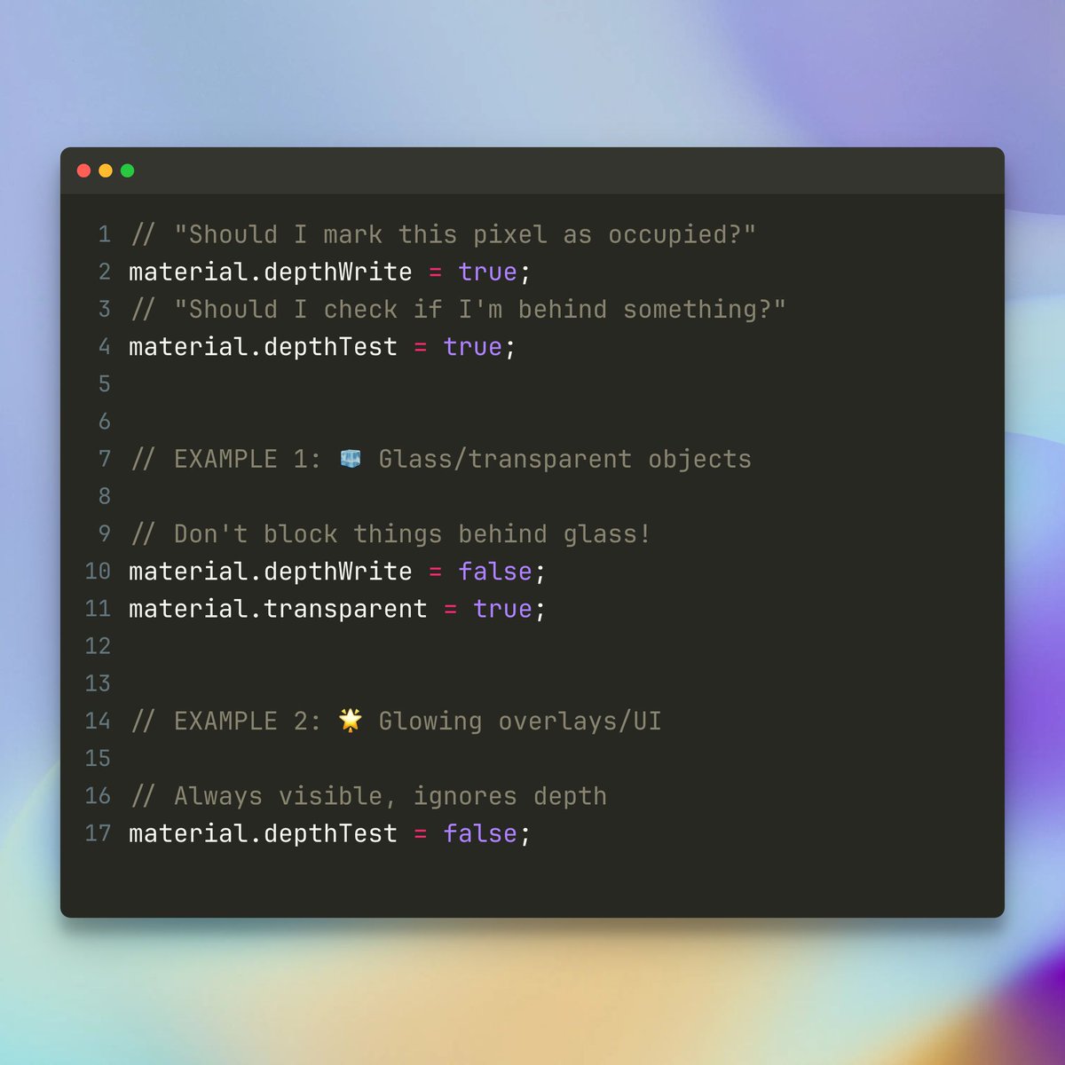 dangreenheck's tweet image. 💡 Three.js Tip of the Day #13

The &quot;depth buffer&quot; can be a confusing and mystifying topic in Three.js.

Let&apos;s break it down! 🔨

The depth buffer is a special texture that stores the distance from the camera to the closest object for each pixel being rendered.

The GPU uses the…