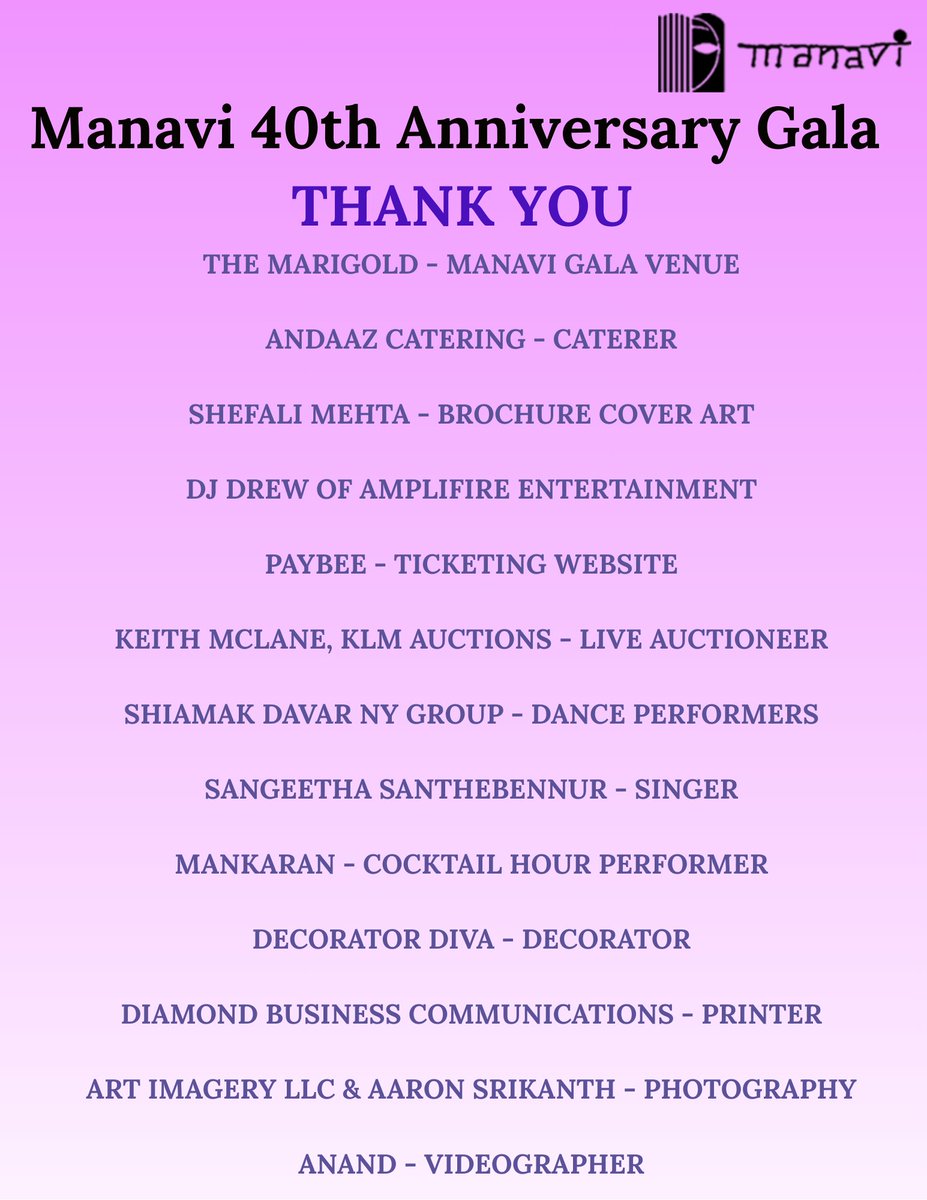 Thank you to The Marigold, Diamond Business Communications, Andaaz Catering, Shefali Mehta, DJ Drew, Paybee, Keith McLane (KLM Auctions), Shiamak Davar NY Group, Sangeetha Santhebennur, Mankaran, Decorator Diva, Art Imagery LLC, Aaron Srikanth &amp; Anand. We appreciate your support!
