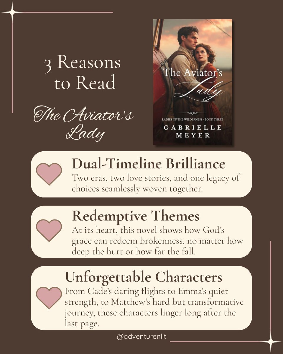 Just reviewed The Aviator’s Lady by Gabrielle Meyer 🛩️
A breathtaking dual-timeline story of love, legacy &amp; redemption. ⭐⭐⭐⭐⭐

💬 Would you risk forgiving someone if it meant rewriting your family’s story for generations?

 #bookreviews 

adventuresinlit.com/2025/09/17/the…