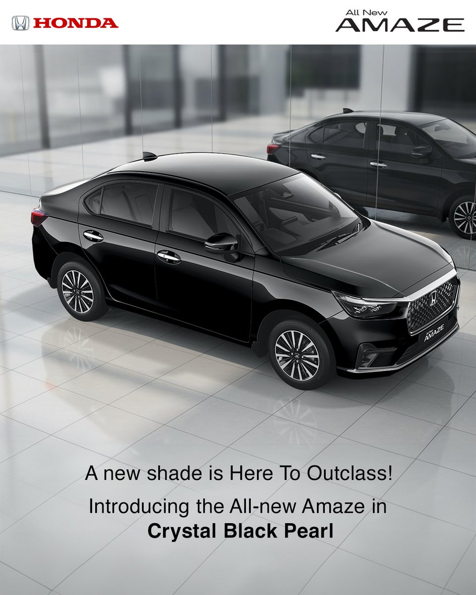HondaCarIndia's tweet image. A colour that reflects class, crafted for those who are #HereToOutclass. The All-new Amaze is ready to turn heads in its newest avatar - the dark & dazzling Crystal Black Pearl