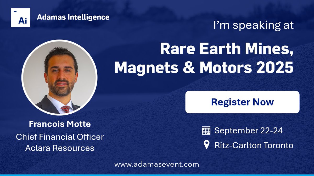 📢Aclara CFO Francois Motte will participate at the <a href="/AdamasIntel/">Adamas Intelligence</a> Critical Minerals Conference in Toronto next week. He'll share how Aclara is building a clean, vertically integrated supply of heavy rare earths from Latin America to the U.S. and beyond.
#RareEarths #Mining