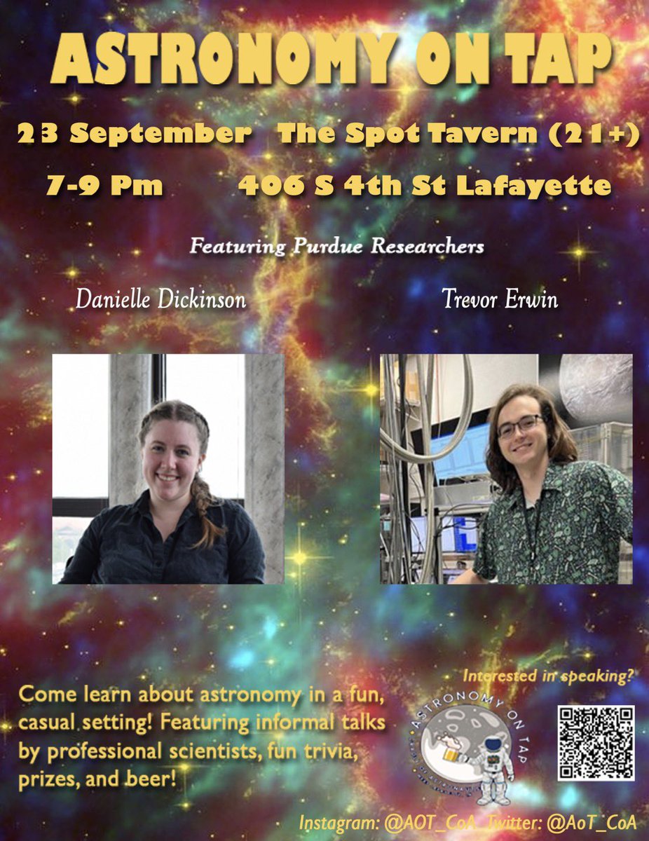 Astronomy on Tap -- Cradle of Astronauts (@aot_coa) on Twitter photo Join us next week for the first AoT event of the ‘25-‘26 academic year! Featuring Trevor Erwin from <a href="/PurdueEAPS/">Purdue EAPS</a> and Danielle Dickinson from <a href="/PurduePhysAstro/">Purdue Physics&Astro</a>. See you at The Spot on September 23rd! Join us next week for the first AoT event of the ‘25-‘26 academic year! Featuring Trevor Erwin from <a href="/PurdueEAPS/">Purdue EAPS</a> and Danielle Dickinson from <a href="/PurduePhysAstro/">Purdue Physics&Astro</a>. See you at The Spot on September 23rd!