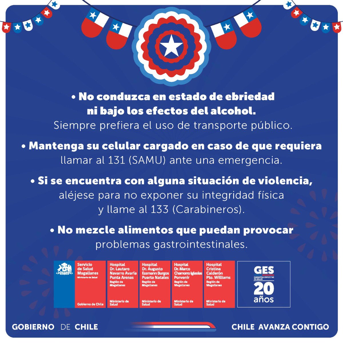 SaludMagallanes's tweet image. 🇨🇱 Este 18 celebremos de forma segura
Las Fiestas Patrias son una ocasión para compartir, disfrutar en familia y con amigos y honrar nuestras tradiciones, pasémoslo bien y cuidémonos entre todos. Sigue estos consejos fundamentales
#18seguro
#cuidemonosentretodos
@SeremiSalud_XII
