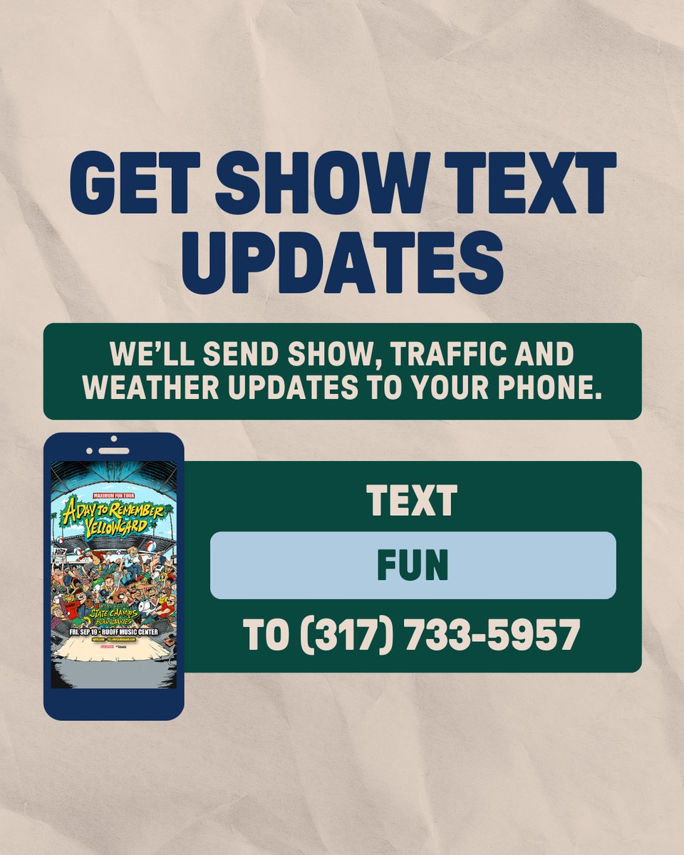 FRIDAY! <a href="/adtr/">A Day To Remember</a> &amp; <a href="/Yellowcard/">Yellowcard</a>🤘
👉Gates open at 5:15PM &amp; the show begins at 6:15PM
🚗Parking livemu.sc/4pH3dES
🎫Tickets livemu.sc/4mkrDAS
✨Upgrades livemu.sc/4pH3dES
📲Want real-time updates? Text FUN to 317-733-5957
❓Venue info: bit.ly/3HeE6aT