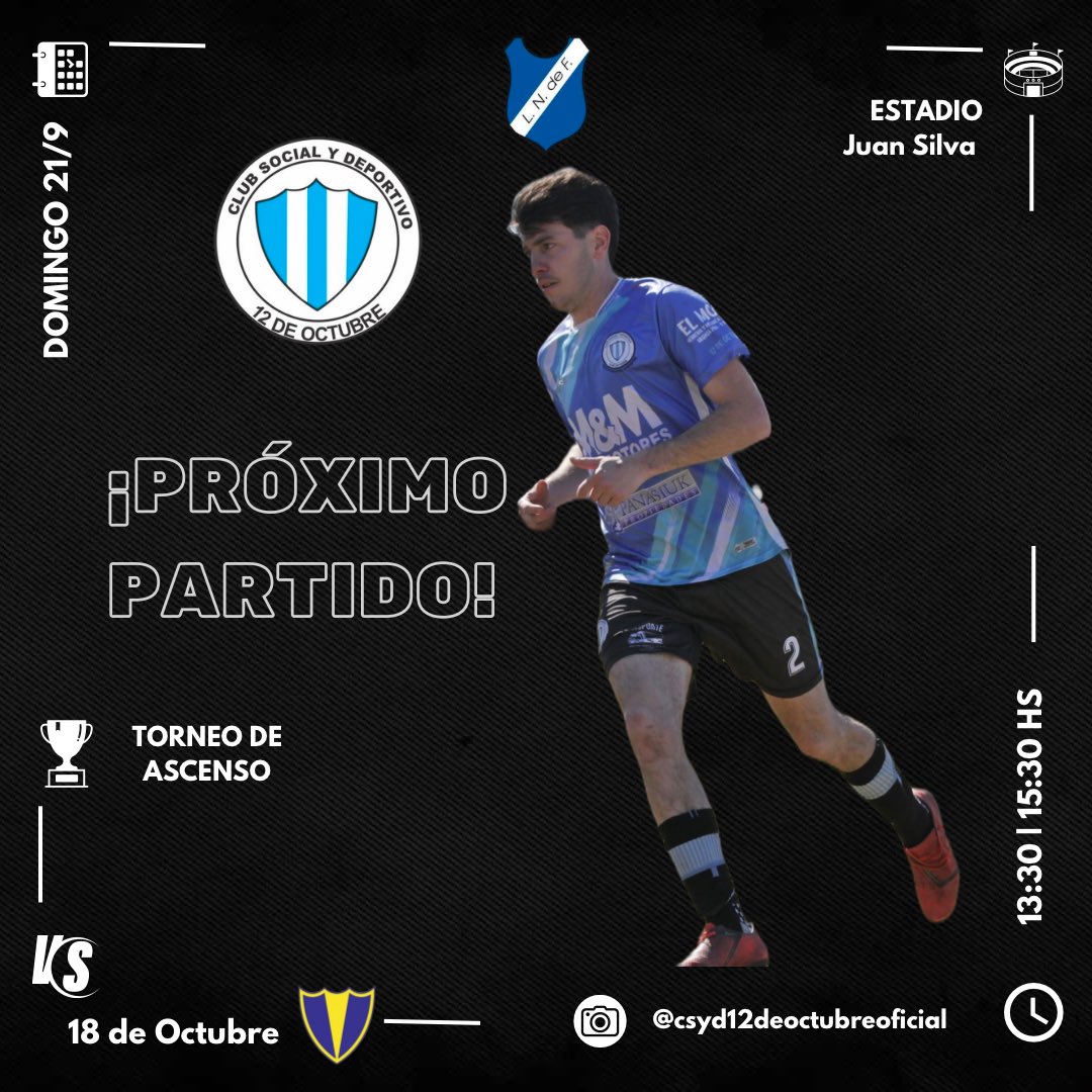 CSyD12deOctubre's tweet photo. ¡PRÓXIMO PARTIDO! 🙌🏼

🏆 #TorneoDeAscenso 
⚽️ #Fecha6 
✅ @CSyD12deOctubre 🆚 18 de Octubre
📆 Domingo 21/9
⏰ 13:30 | 15:30 hs. 
🏟️ Juan Silva (12 de Octubre)

#VAMOSALBICELESTE🇪🇪 https://t.co/yx7K16pClm