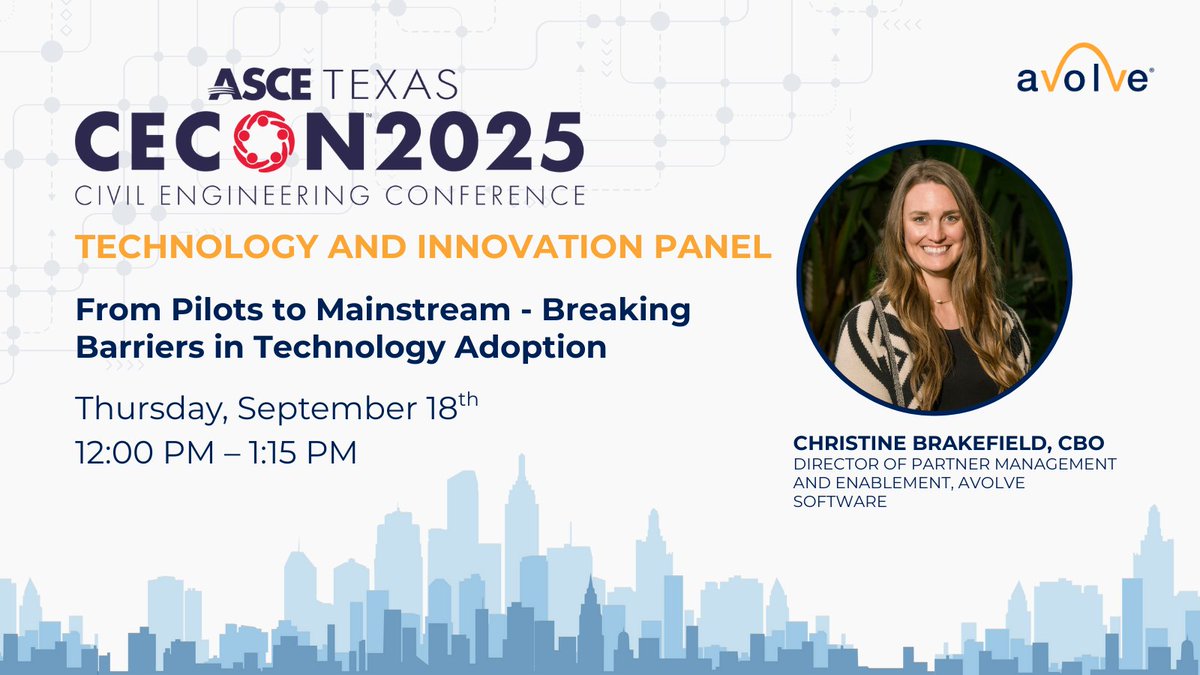 avolvesoftware's tweet image. Tomorrow at CECON 2025, Christine Brakefield MPA, CBO joins the Technology & Innovation panel to tackle the challenge of taking emerging tech beyond pilots to make real-world impact. Don't miss it!
#CECON2025 #TexASCE #GovTech #DigitalTransformation #InnovativeTechnology