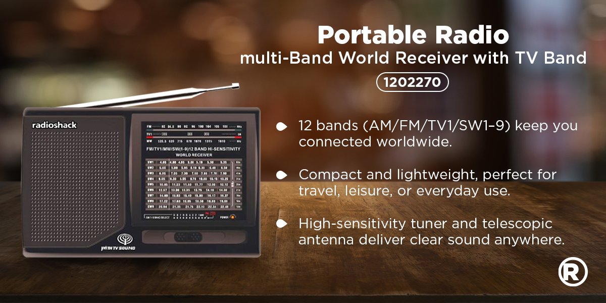radioshack's tweet image. Stay connected anywhere 🌎
Our Portable Multi-Band Radio packs 12 bands (AM/FM/TV/SW) into a compact, lightweight design.
👉 Shop now: radioshack.com

#TechEssentials #RadioShack #StayConnected