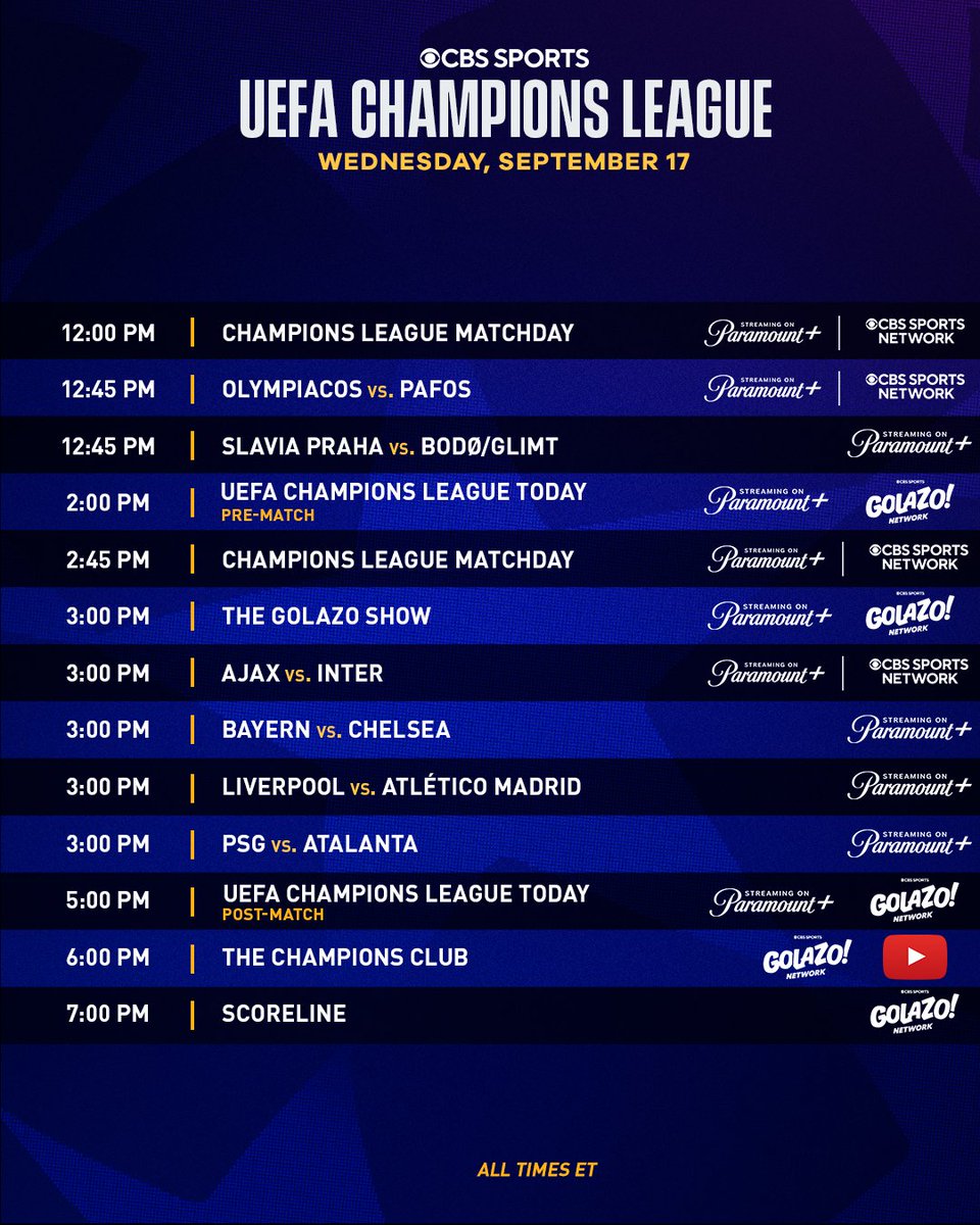 CBS Sports' UEFA Champions League Today studio show is back at 2 PM, ET, on <a href="/paramountplus/">Paramount+</a> and CBS Sports Golazo Network.

<a href="/FCBayernUS/">🇺🇸 FC Bayern US 🇨🇦</a> vs. <a href="/ChelseaFC/">Chelsea FC</a> headlines Wednesday’s slate of games, kicking off at 3 PM, ET.