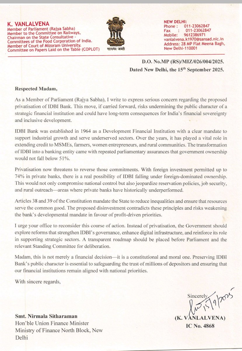 IdbiFor's tweet photo. Thank you Shri @VanlalvenaK Ji MP Rajy Sabha very much for conveying our demand to @nsitharaman ji.
Your support will prove crucial in this fight against privatization.
#StopPrivatizationOfIDBI
@Oaktree @RBI @supriya_sule https://t.co/J9JJVNC4Es