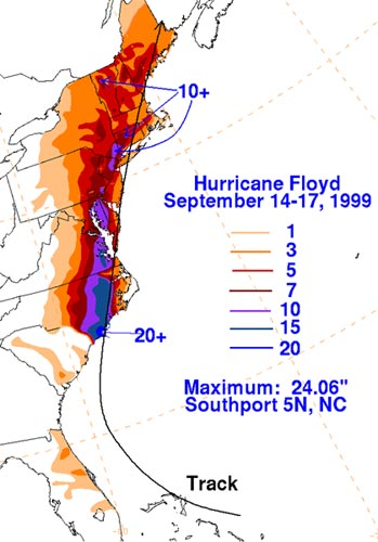 26 years ago on Sep. 16-17, 1999, Hurricane Floyd traversed the eastern seaboard of the United States, bringing impactful rainfall that broke daily precipitation records in Philadelphia.  Image courtesy of <a href="/NWS/">National Weather Service</a>. #PAwx