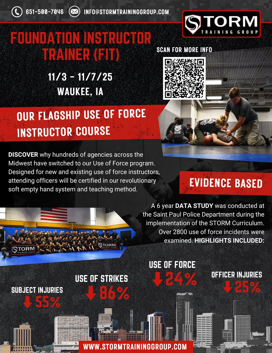 WrapTechInc's tweet photo. STORM Training Group’s FIT Course – Waukee, IA
📅 Nov 3–7, 2025

Results:
🔻 55% subject injuries
🔻 86% strikes
🔻 24% use of force
🔻 25% officer injuries

👉 Register now: https://t.co/vcYo5vZCP0

#PoliceTraining #UseOfForce #STORMTrainingGroup https://t.co/GHapto1Eu8