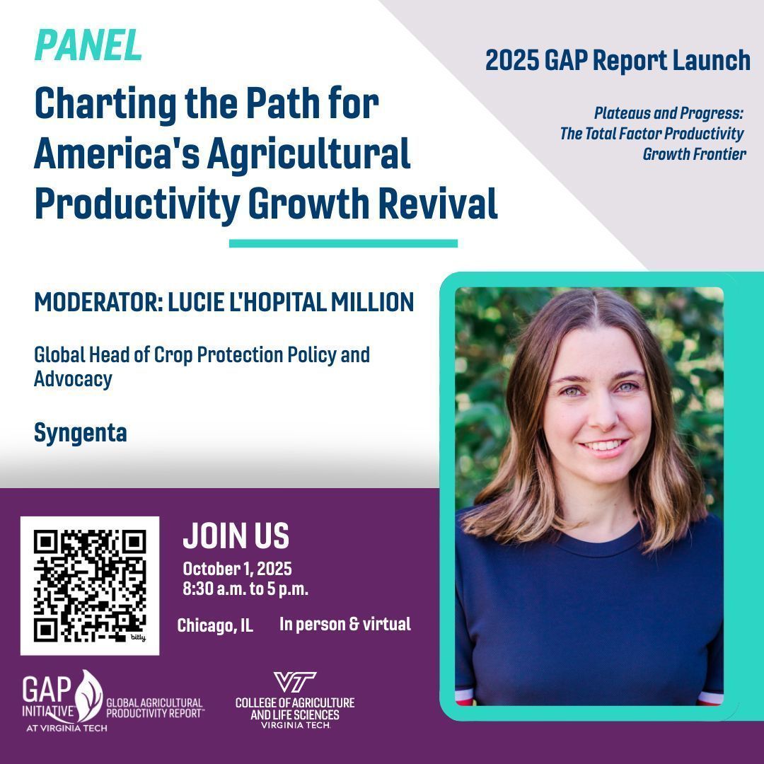 Another great reason to join us in Chicago, IL Oct. 1 for the GAP Report Launch: panel discussion, “Charting the Path for America’s Agricultural Productivity Growth Revival,” moderated by @syngenta Learn more &amp; register: globalagriculturalproductivity.org/2025-gap-repor… 
#agriculture  #research