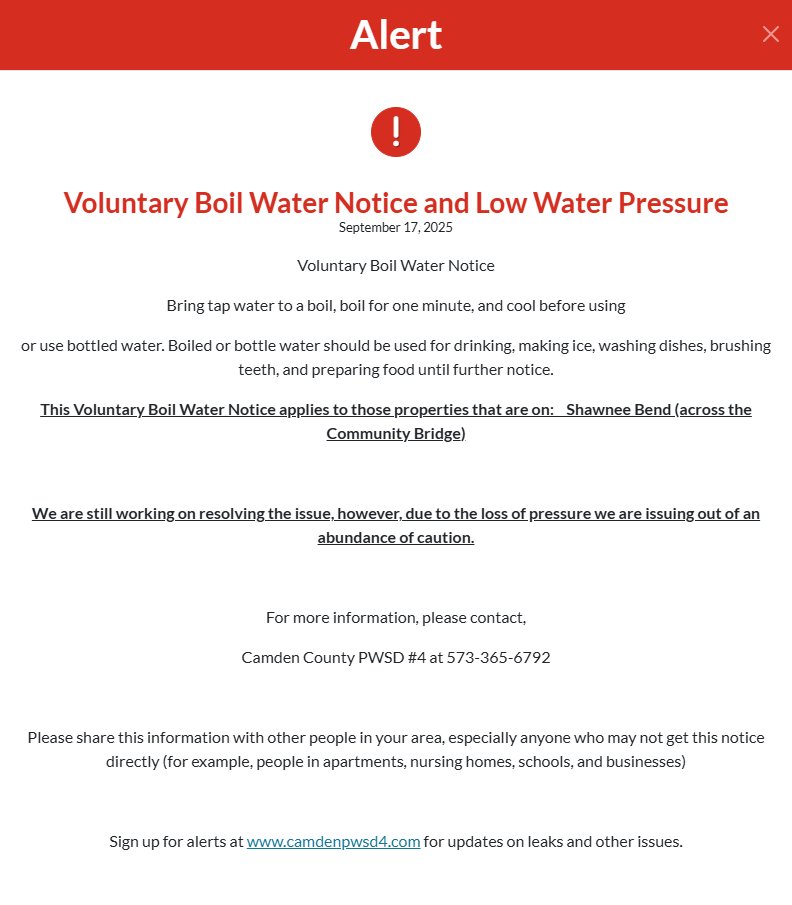 SBFPD's tweet image. Public Water District #4 has issued a VOLUNTARY boil order for the Shawnee Bend Peninsula. This area stretches from the Community Bridge to Chimney Point.