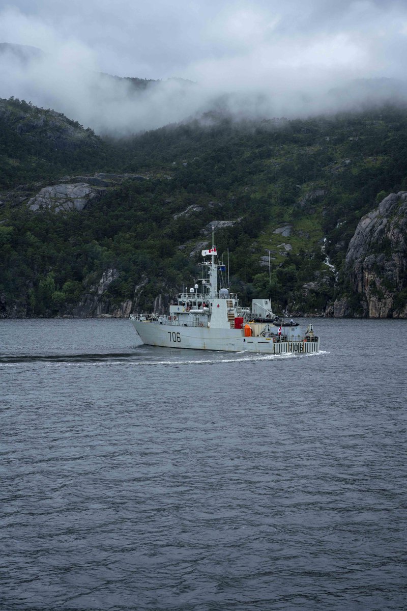 His Majesty's Canadian Ship (HMCS) YELLOWKNIFE sails throught Norwegian Fjords, Norway on 11 August 2025. Photo: Sailor Third Class Mckayla Ryce, Canadian Armed Forces Imagery Technician. #RCN