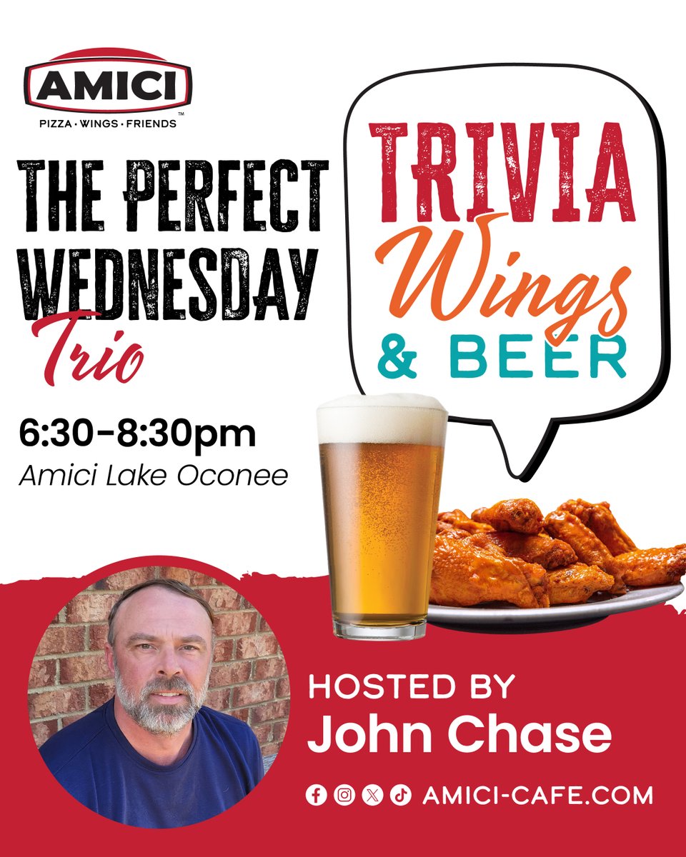 Midweek slump? Not here! 🎉 Come test your knowledge and enjoy pizza, wings, and good times at trivia tonight at 6:30 PM.

#Amici #PizzaWingsFriends #LakeOconeeGA #AmiciLakeOconee #Trivia