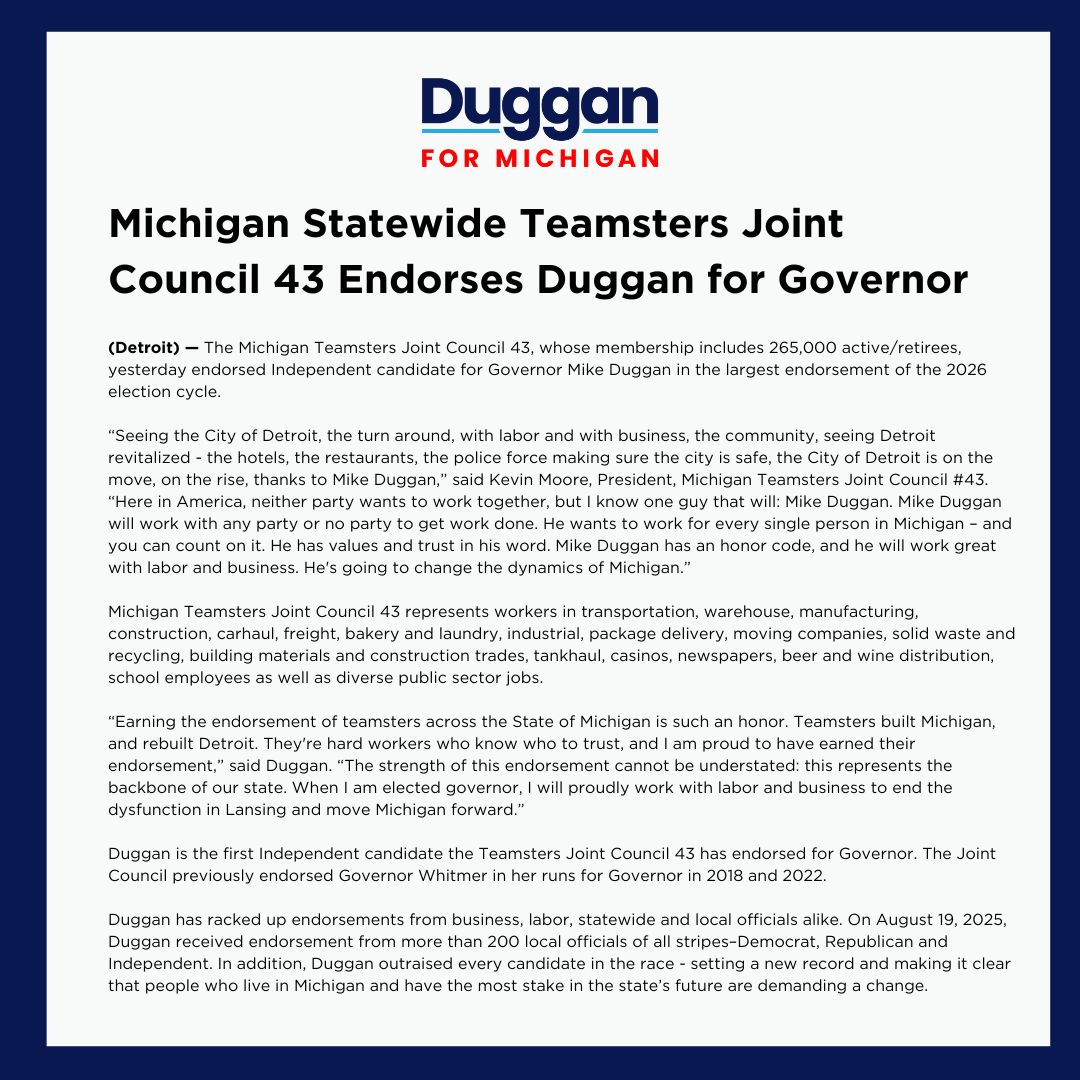 BREAKING NEWS: Michigan Statewide Teamsters Joint Council 43 Endorses Mike for Governor!