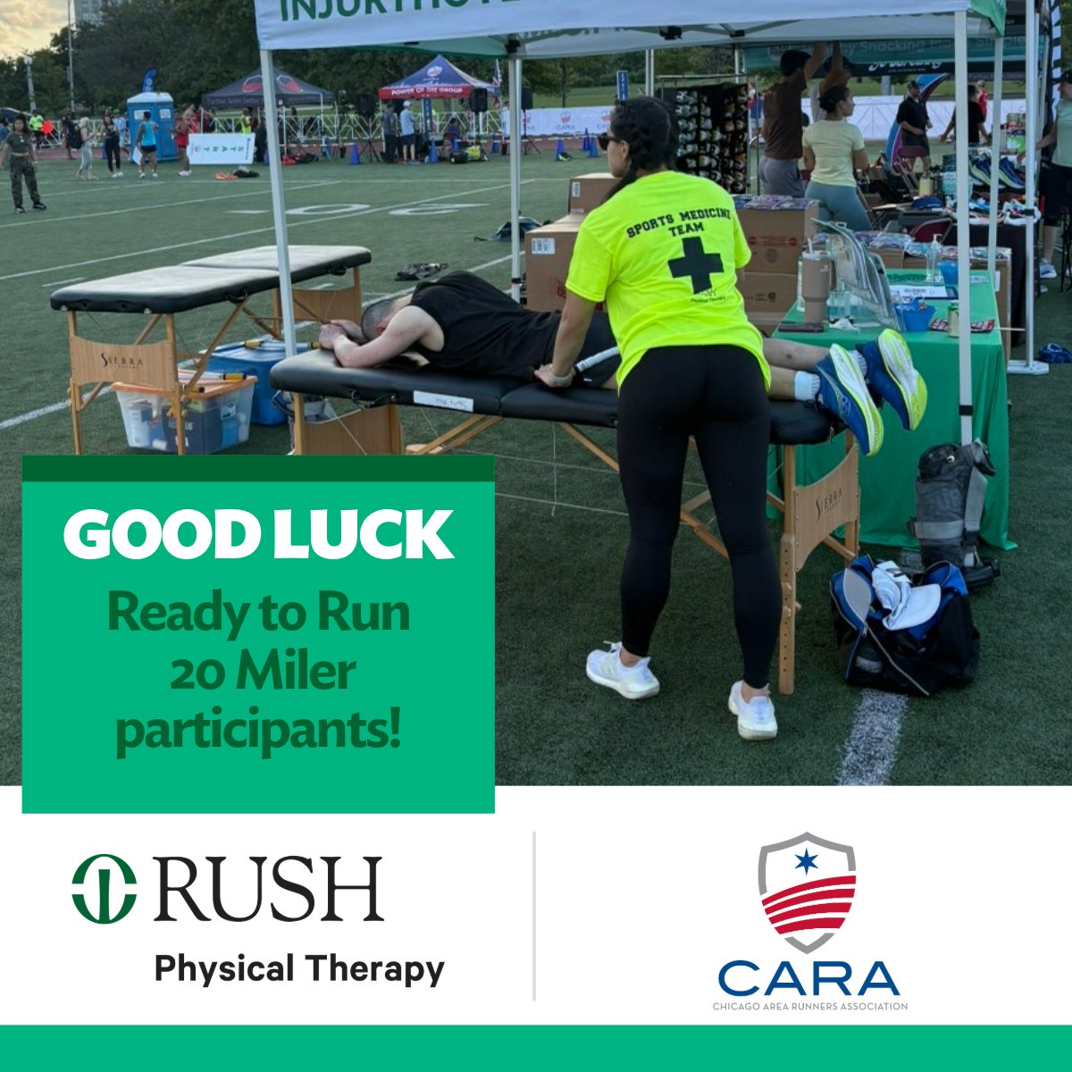 Good luck to everyone running the Ready to Run 20 Miler this weekend! The RUSH PT team will be on site for injury needs. Have aches or pains to address before the big day or want to take advantage of post-run recovery services? Contact injuryhotline@rushpt.com and stay race ready