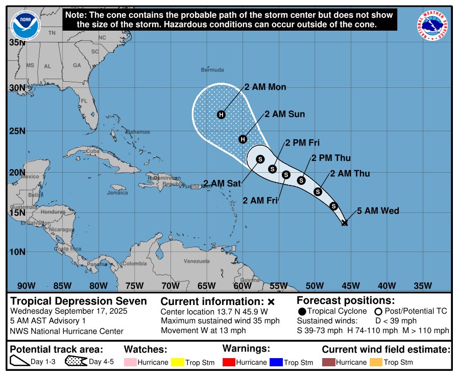 TropicalTidbits's tweet image. The National Hurricane Center has initiated advisories on Tropical Depression Seven (#TD7) over the central Atlantic. The system is poorly organized due to its elongated structure, which is entangled with some upper-level troughing and dry air to the northwest, and is struggling…