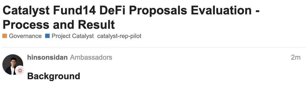 hinson.ada, CFA (@hinsonsidan) on Twitter photo Put some hours into composing this piece of evaluation on F14 DeFi-related proposals. Hope it helps with our bigger experiments on representative proposal evaluation :)
forum.cardano.org/t/catalyst-fun… Put some hours into composing this piece of evaluation on F14 DeFi-related proposals. Hope it helps with our bigger experiments on representative proposal evaluation :)
forum.cardano.org/t/catalyst-fun…