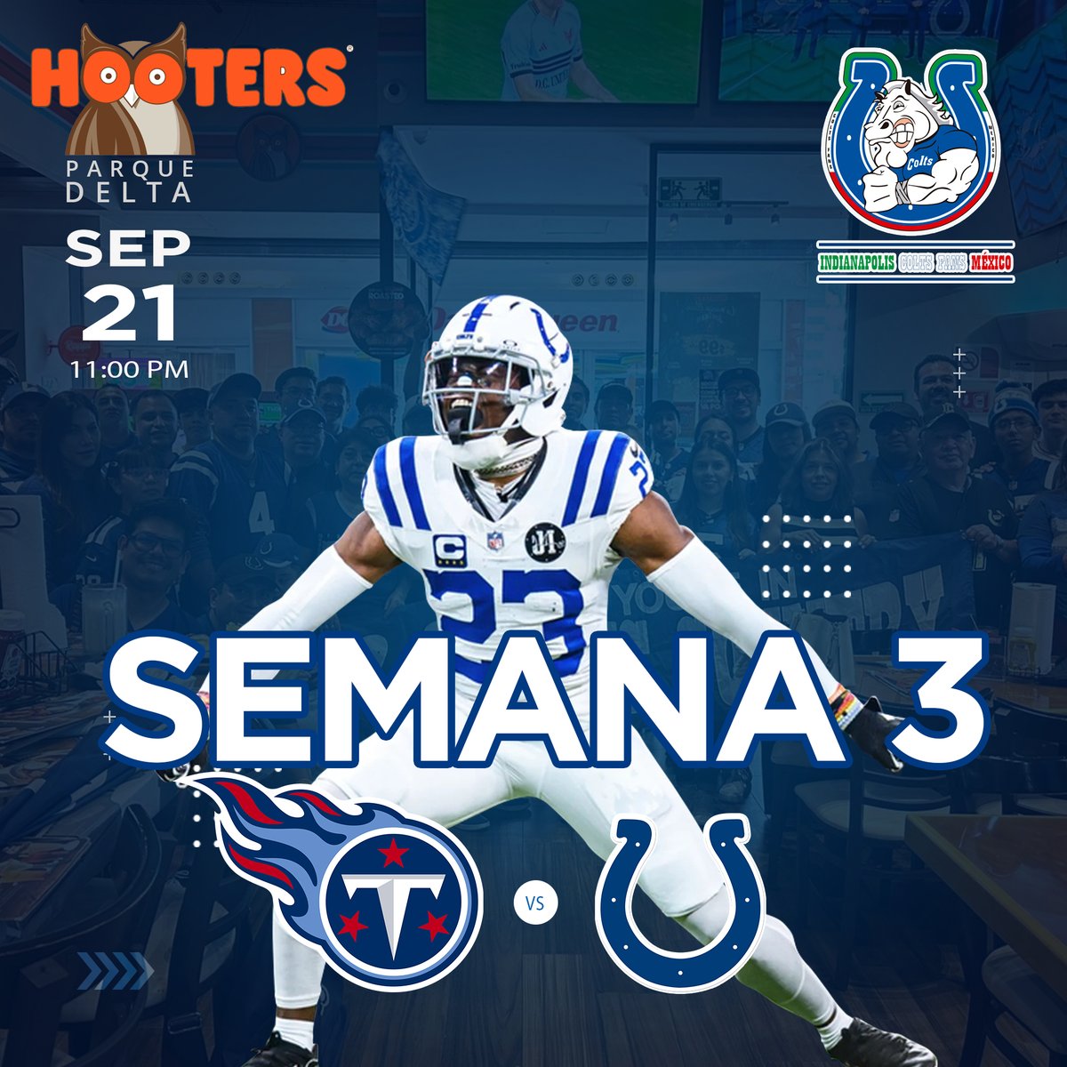 📷📷 ¡Hermandad Colts! 📷📷
Este 21 de septiembre a las 11:00 a.m.  tenemos una cita imperdible en Hooters Parque Delta para apoyar juntos a nuestros Súperpoderosos Colts.
<a href="/Colts/">Indianapolis Colts</a>  vs  <a href="/Titans/">Tennessee Titans</a>  
<a href="/ColtsLife/">Colts Life</a>  #ForTheShoe