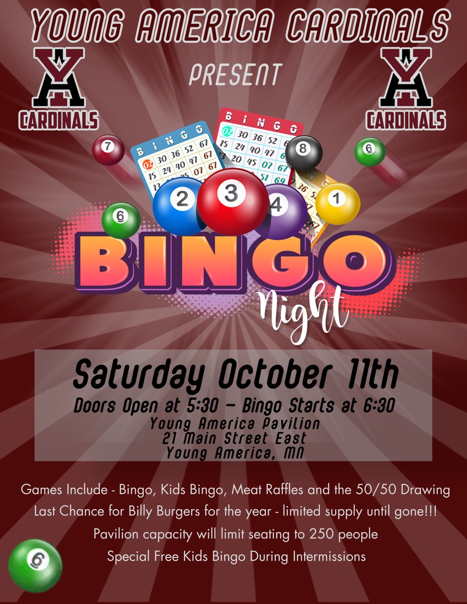 yacardinals's tweet photo. Are you ready for some Bingo???

Join us on October 11th for Bingo in the Pavilion - our 50/50 Raffle will be drawn that night as well - get in touch with a Cardinal player or representative for your ticket!!!  

Proceeds will be used for improvements at Wilkommen Park. https://t.co/mzzZqJUrMo
