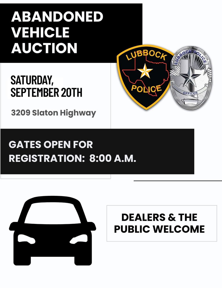 🚗****ABANDONED VEHICLE AUCTION****🚗

The abandoned vehicle auction is happening this Saturday, September 20th!

Gates open at 8:00 a.m. with the auction kicking off at 9:00 a.m.

View vehicles as well as auction rules &amp; information here: bit.ly/3Hvn9Jn

The public is