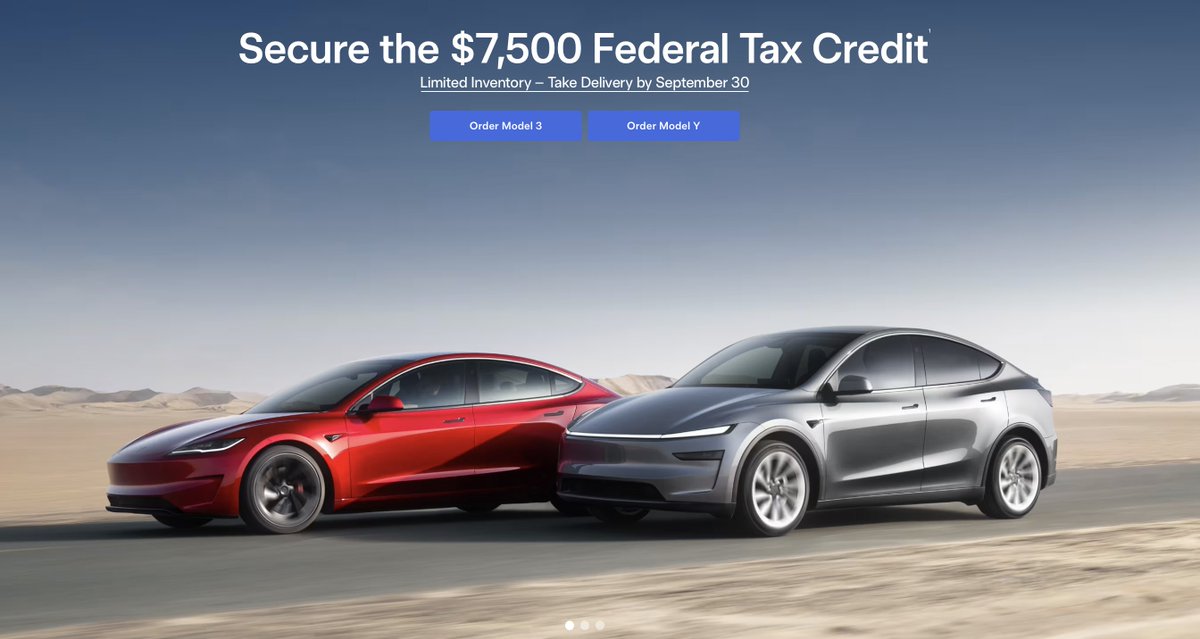SawyerMerritt's tweet image. The U.S. Federal EV credit is officially gone two weeks from today. Despite the updated IRS language, Tesla is still telling people you need to take delivery by September 30th to take advantage of it.