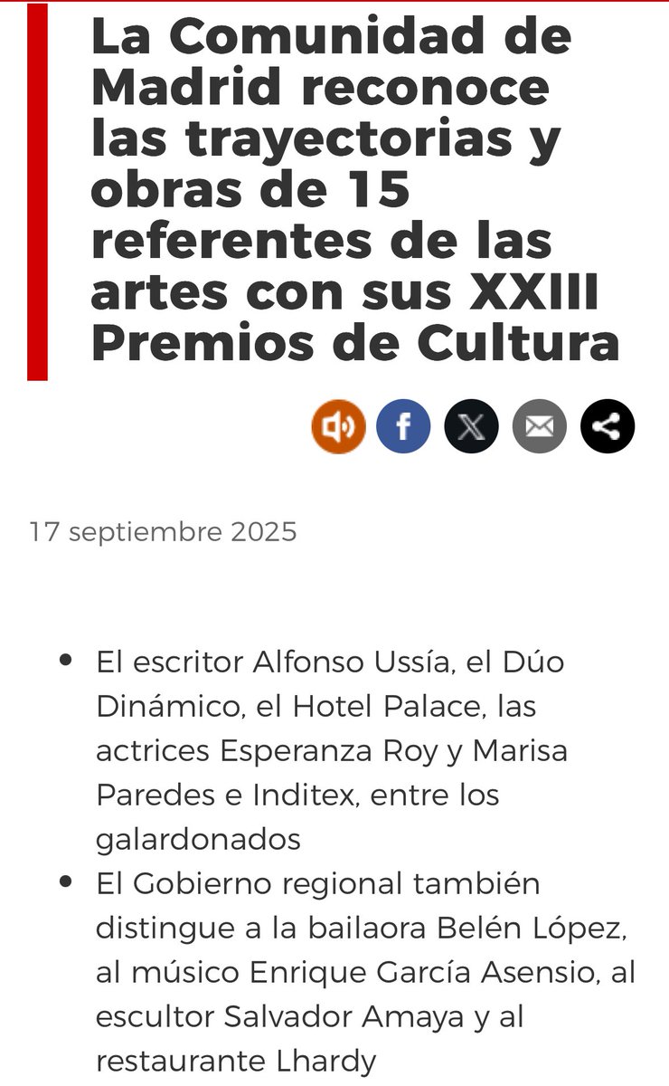 Ussía, Inditex y los toros.
Solo faltan DJ Pulpo  y Vaquerizo para completar los “Premios de Cultura” de Ayuso: sin jurado, a dedo y al servicio de su propaganda. 
La cultura no es el #AyusoFest