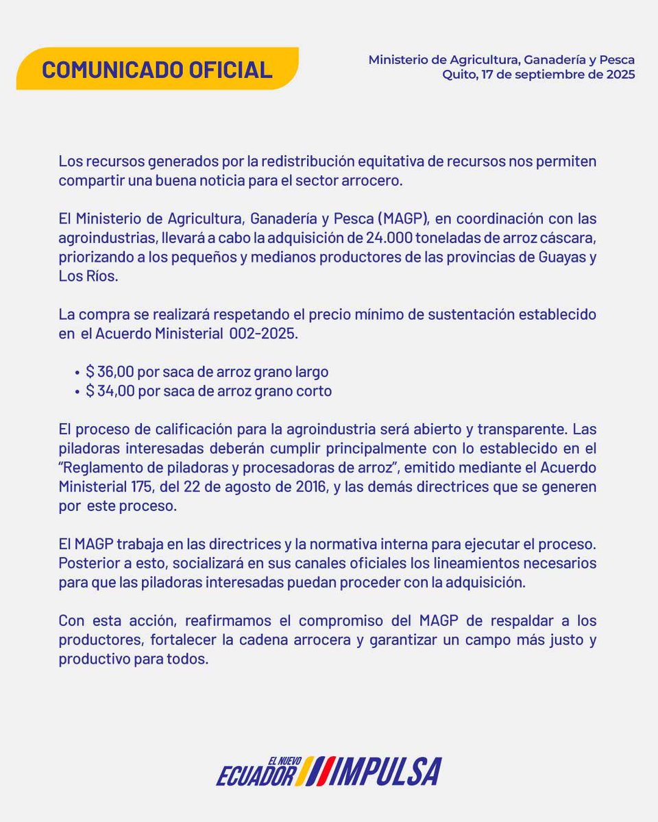 📢#Comunicado📄 | El Ministerio de Agricultura, Ganadería y Pesca coordinará la adquisición de 24.000 toneladas de arroz cáscara, priorizando a pequeños y medianos productores de las provincias  de Los Ríos y Guayas.