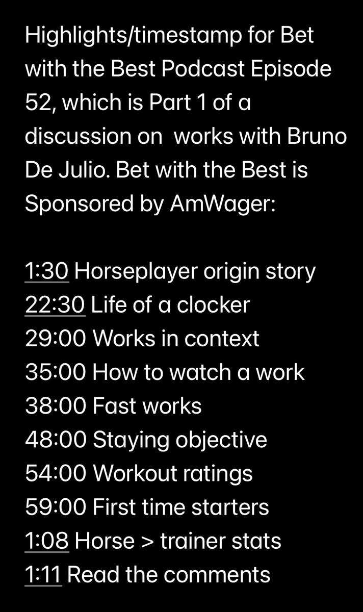 Derby1592 (@derby1592) on Twitter photo Episode 52 of the Bet With the Best podcast (sponsored by <a href="/AmWager/">🏇 AmWager 🏇</a>) is now available. This is Part 1 of a discussion on works with Bruno De Julio @RacingWithBruno
Link to pod & timestamp below.
…-with-the-best-podcast.simplecast.com/episodes/bet-w…
m.youtube.com/playlist?list=… Episode 52 of the Bet With the Best podcast (sponsored by <a href="/AmWager/">🏇 AmWager 🏇</a>) is now available. This is Part 1 of a discussion on works with Bruno De Julio @RacingWithBruno
Link to pod & timestamp below.
…-with-the-best-podcast.simplecast.com/episodes/bet-w…
m.youtube.com/playlist?list=…