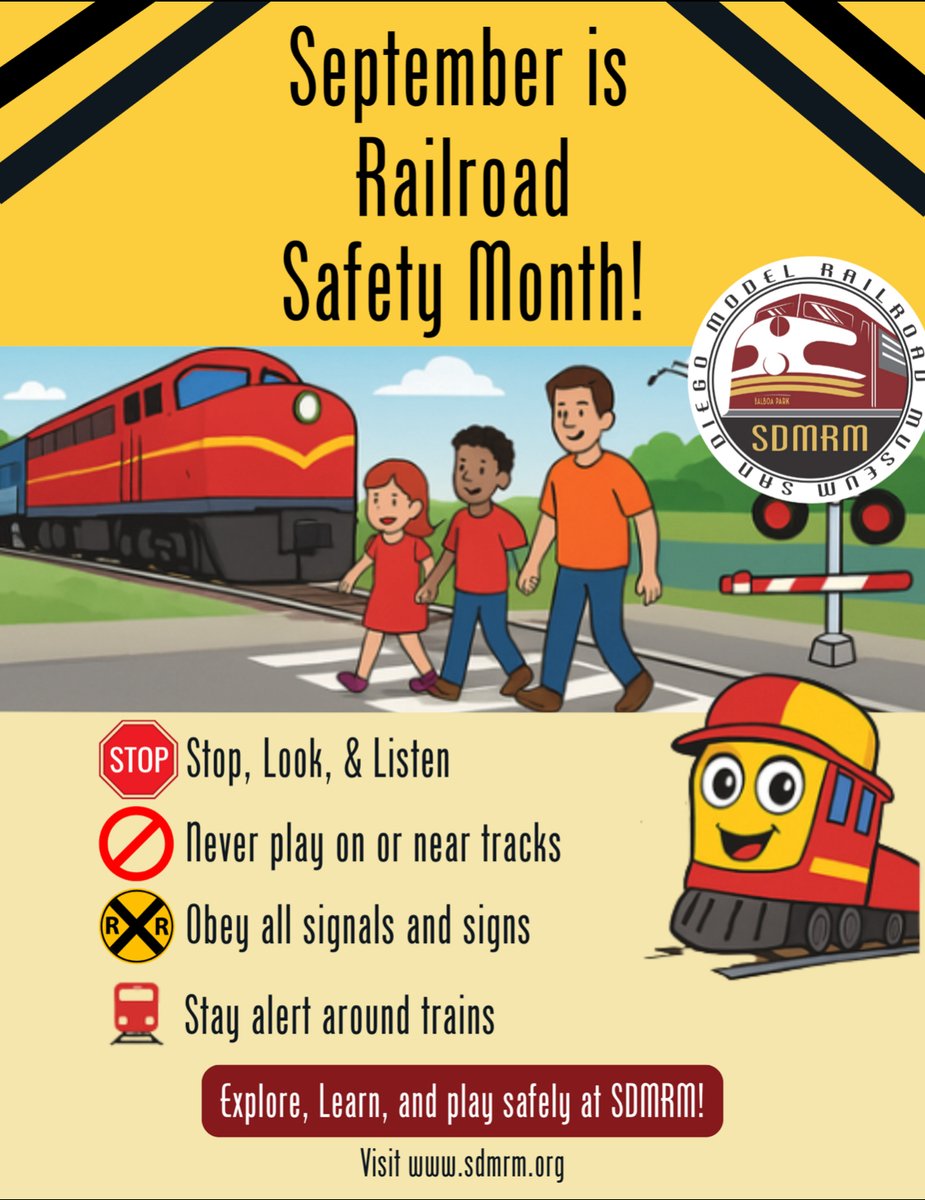 sdmodelrailroad's tweet photo. 🚂 September is Railroad Safety Month in California! Join us at the San Diego Model Railroad Museum to celebrate safety while exploring intricate train layouts, interactive exhibits, and the history of railroading. Open Tuesday–Sunday, 11 AM–4 PM
#SanDiego#Trains #ModelRailroads https://t.co/DZhjYmaymQ
