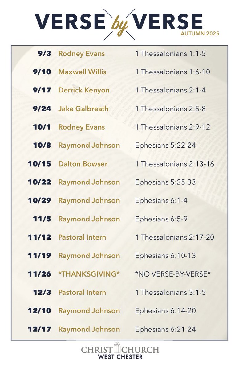 Christ Church West Chester (@christchurchwc) on Twitter photo Join us tonight at 6PM as we continue our study in 1 Thessalonians at our midweek inductive Bible study, Verse By Verse! Join us tonight at 6PM as we continue our study in 1 Thessalonians at our midweek inductive Bible study, Verse By Verse!