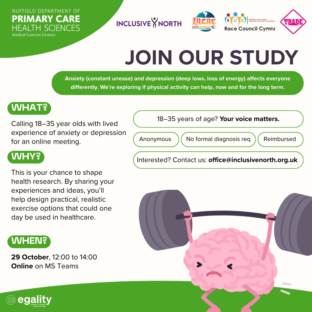 Hello everyone, we’re looking for young adults (18–35) with lived experience of anxiety or depression to join a research study.
🛜Online meeting
✅Anonymous discussions
💸Reimbursed for your time
Interested? 
Email: office@inclusivenorth.co.uk to sign up!