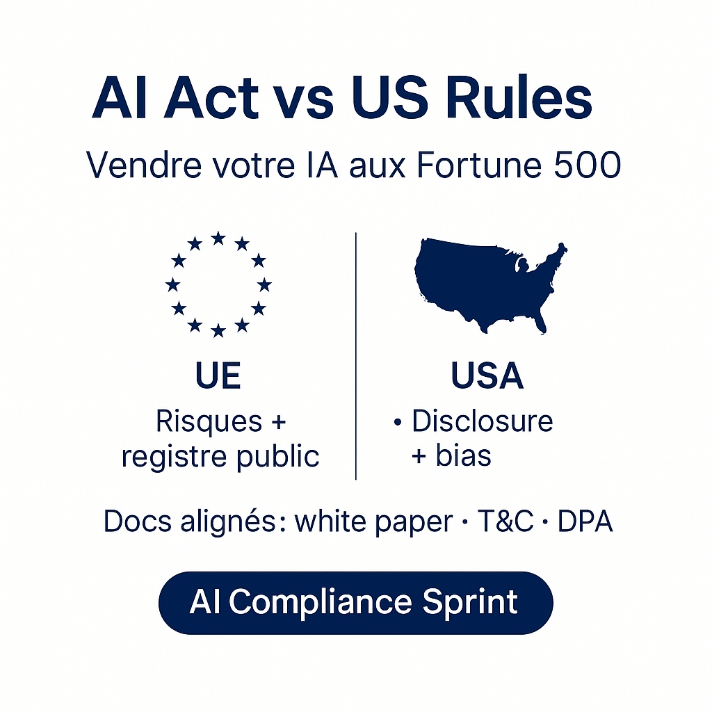 🤖 AI Act 🇪🇺 vs. patchwork 🇺🇸
Vendre ton IA aux Fortune 500 ? Harmonise docs &amp; DPAs. Booke un “AI Compliance Sprint” 
#IA #RegTech