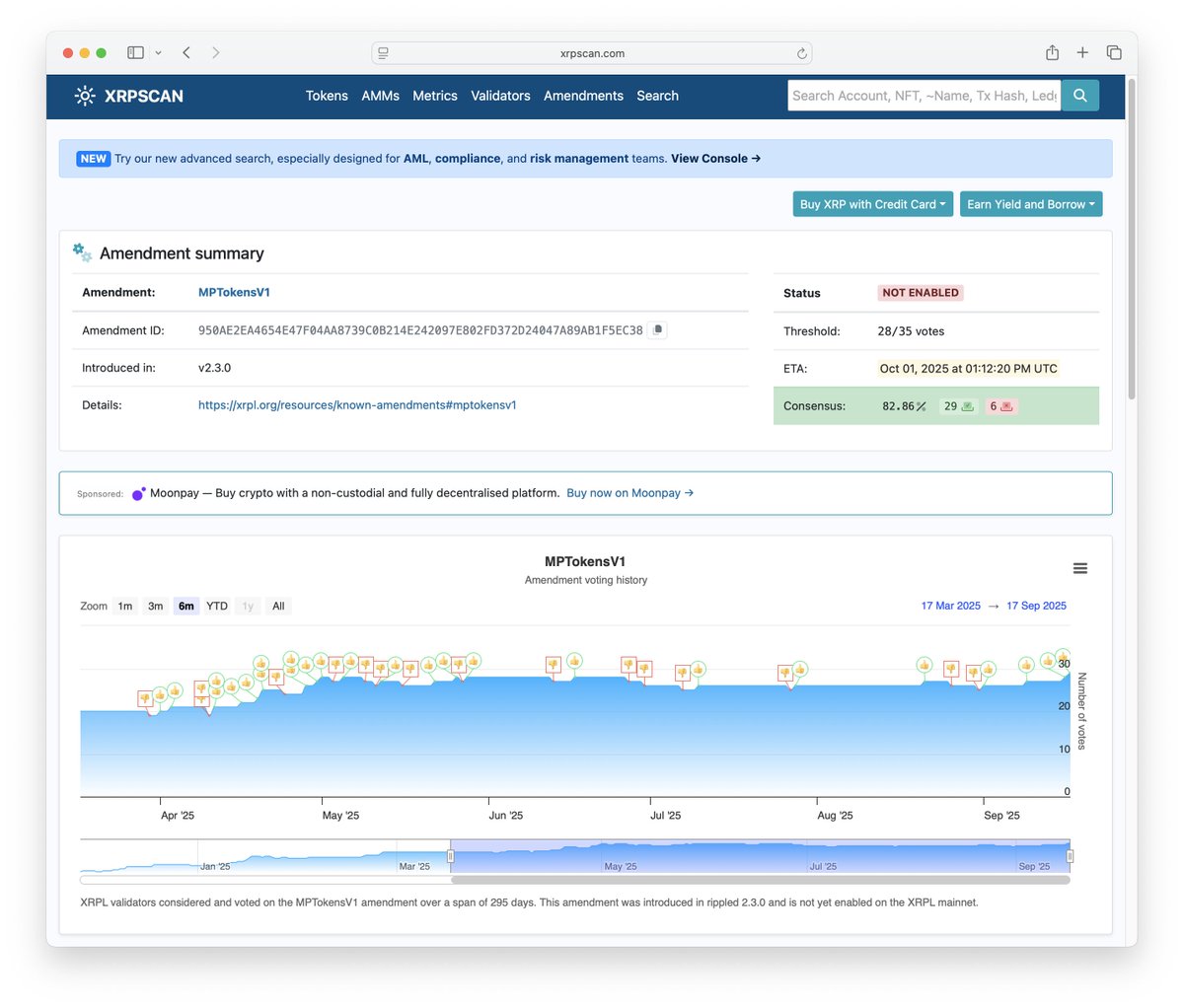 xrpscan's tweet image. XLS-33 Multi-Purpose Tokens (MPT) amendment is now in its 14-day activation period. Devs have time until 01 Oct, 2025 to add/test support for MPTs in their client implementation, libraries and wallets.