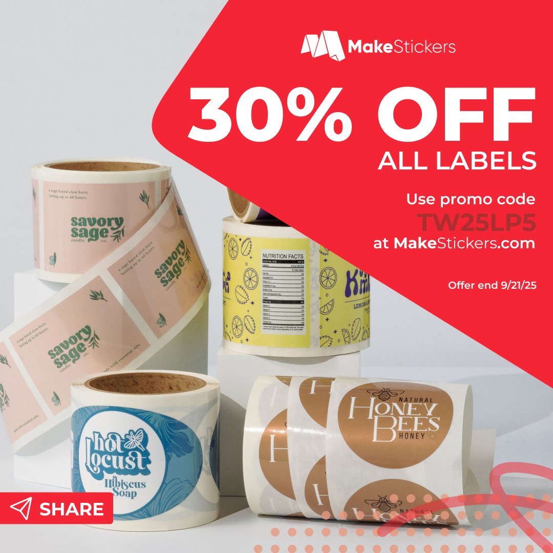 ✨ Label Lovers Rejoice ✨
💥 30% OFF LABELS 💥

Product labels, shipping labels, or just-for-fun stickers on a roll—take 30% off this week only.

👉 Use the promo code or click the link to redeem: mkstk.co/091725twdeal