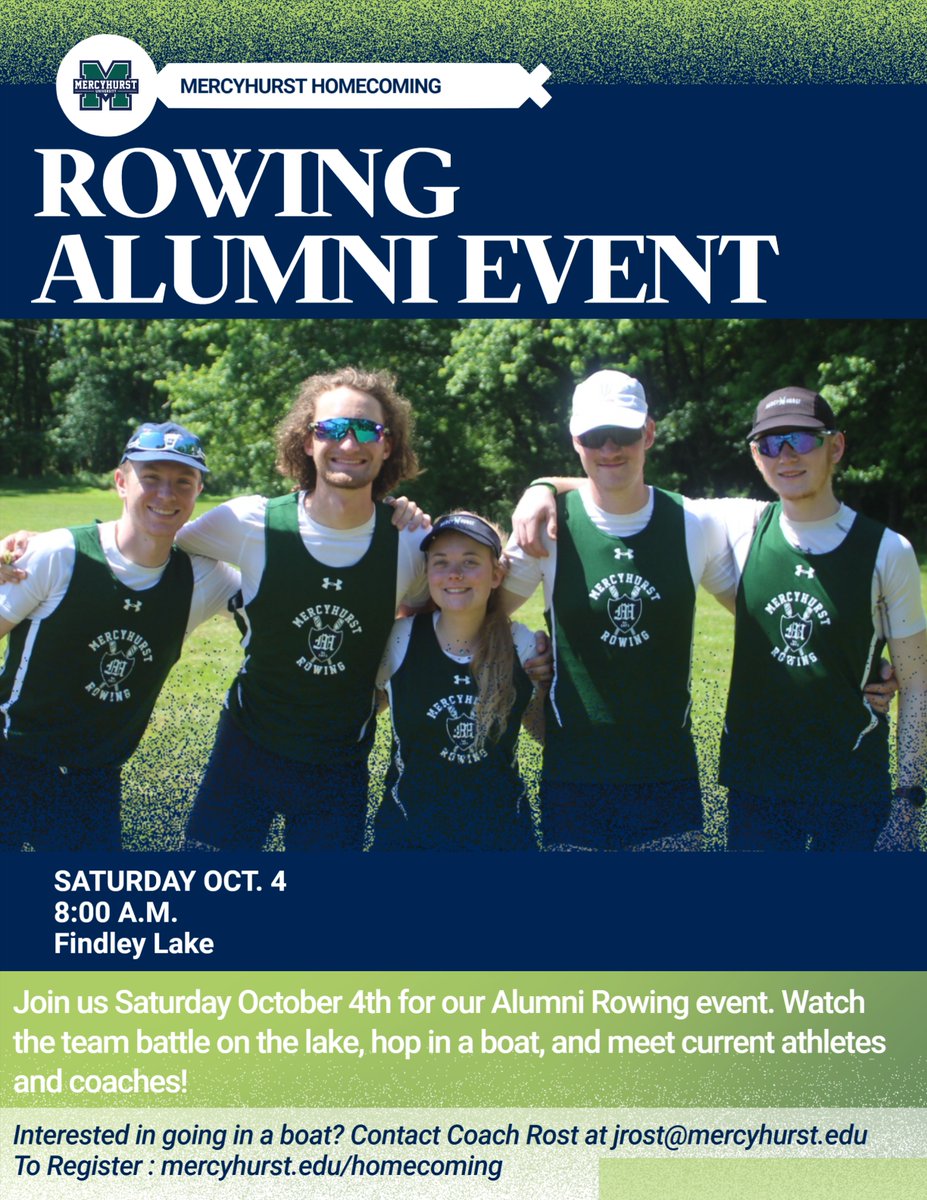 Join us for our Alumni Rowing event Homecoming weekend at Findley Lake October 4th! 

If you are interested in going in a boat please contact Coach Rost at jrost@mercyhurst.edu. We hope to see you there!