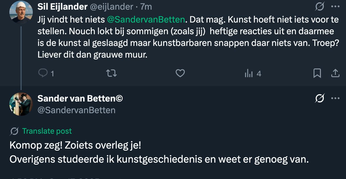 eijlander's tweet image. Weer zo'n slappe zak die niet tegen een reactie kan en me meteen blokt. @SandervanBetten. Hij heeft nog niet echt begrepen waar kunst om draait en dat hij nu het lijdend voorwerp is van een kunstobject.