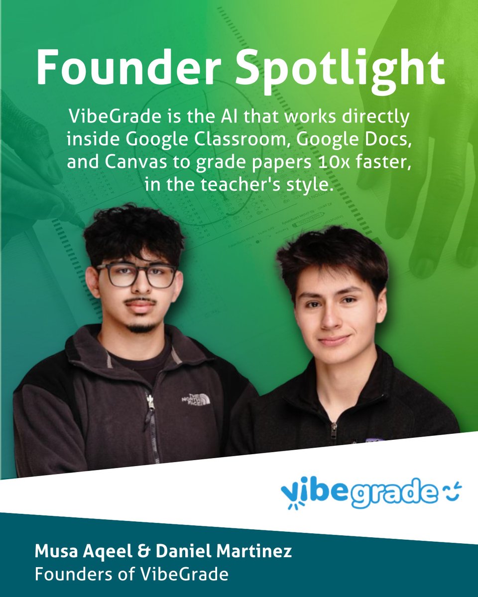 Treefrog Accelerator (@tfaccelerator) on Twitter photo Grading smarter, not harder. 🍎🤖
<a href="/VibeGrade/">VibeGrade (YC X25)</a>, founded by Daniel & Musa, went from Regional Cohort 11 startup to YC-backed AI for teachers — saving 500+ school days across 12K+ papers.
Proud of what they’re building for classrooms! 🌍
#TreefrogAccelerator #VibeGrade Grading smarter, not harder. 🍎🤖
<a href="/VibeGrade/">VibeGrade (YC X25)</a>, founded by Daniel & Musa, went from Regional Cohort 11 startup to YC-backed AI for teachers — saving 500+ school days across 12K+ papers.
Proud of what they’re building for classrooms! 🌍
#TreefrogAccelerator #VibeGrade