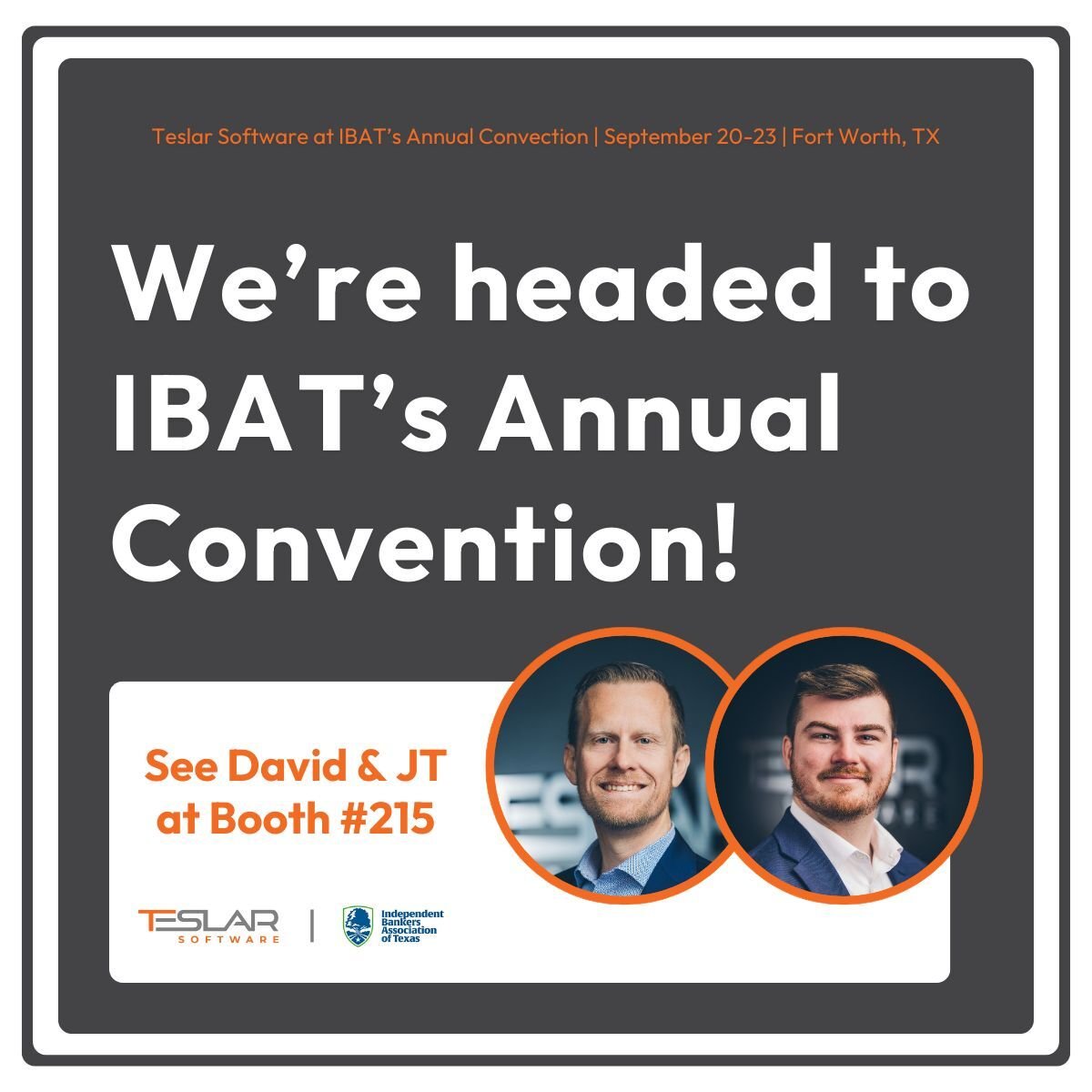 Teslar Software (@teslarsoftware) on Twitter photo We're headed to the IBAT Annual Convention this weekend! Stop by Booth #215 to chat with <a href="/pdavidhamrick/">David Hamrick</a> and JT about process automation, efficiency, workflows. We'll see you there!
#IBAT #TeslarSoftware #Fintech #CommunityBanking #Banking We're headed to the IBAT Annual Convention this weekend! Stop by Booth #215 to chat with <a href="/pdavidhamrick/">David Hamrick</a> and JT about process automation, efficiency, workflows. We'll see you there!
#IBAT #TeslarSoftware #Fintech #CommunityBanking #Banking