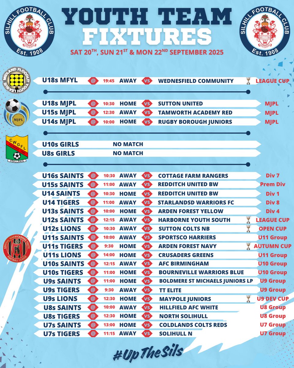 YOUTH FIXTURES FOR THIS WEEKEND

Round 3 of the season this week and we're starting to see a few more cup matches on the schedule for our teams

23 matches in total scheduled for this weekend so the best of luck to all of our teams

#UpTheSils