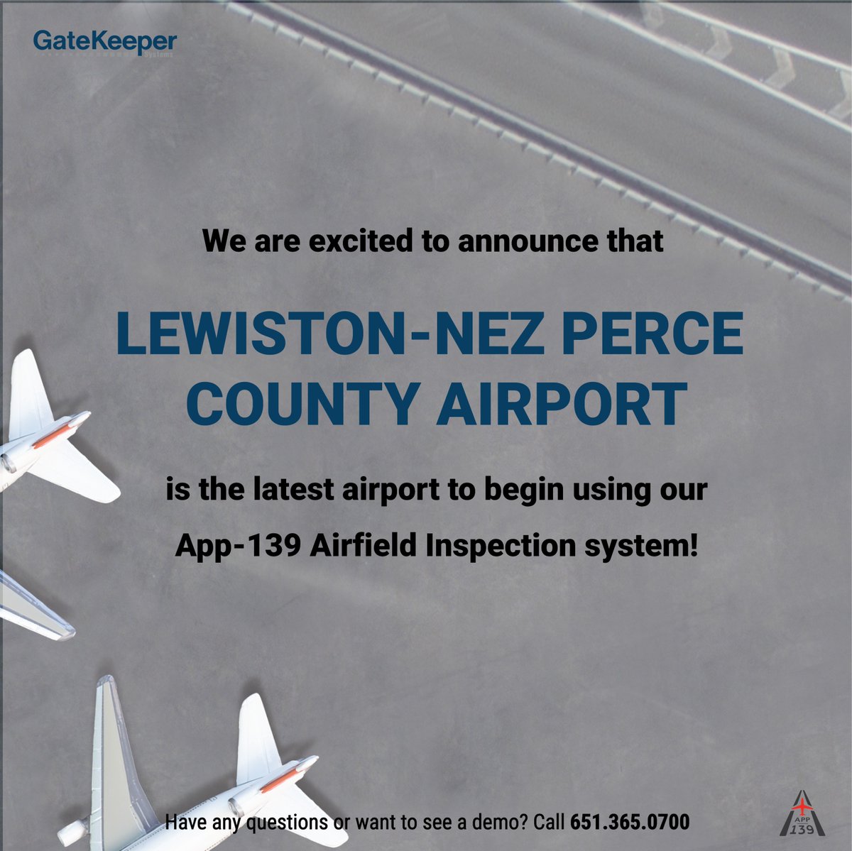 We are excited to announce that Lewiston-Nez Perce County Airport is the latest airport to begin using our App-139 Airfield Inspection System. Contact us today to learn how App-139 can streamline your Part-139 FAA Inspections. #GatekeeperSystems #App139