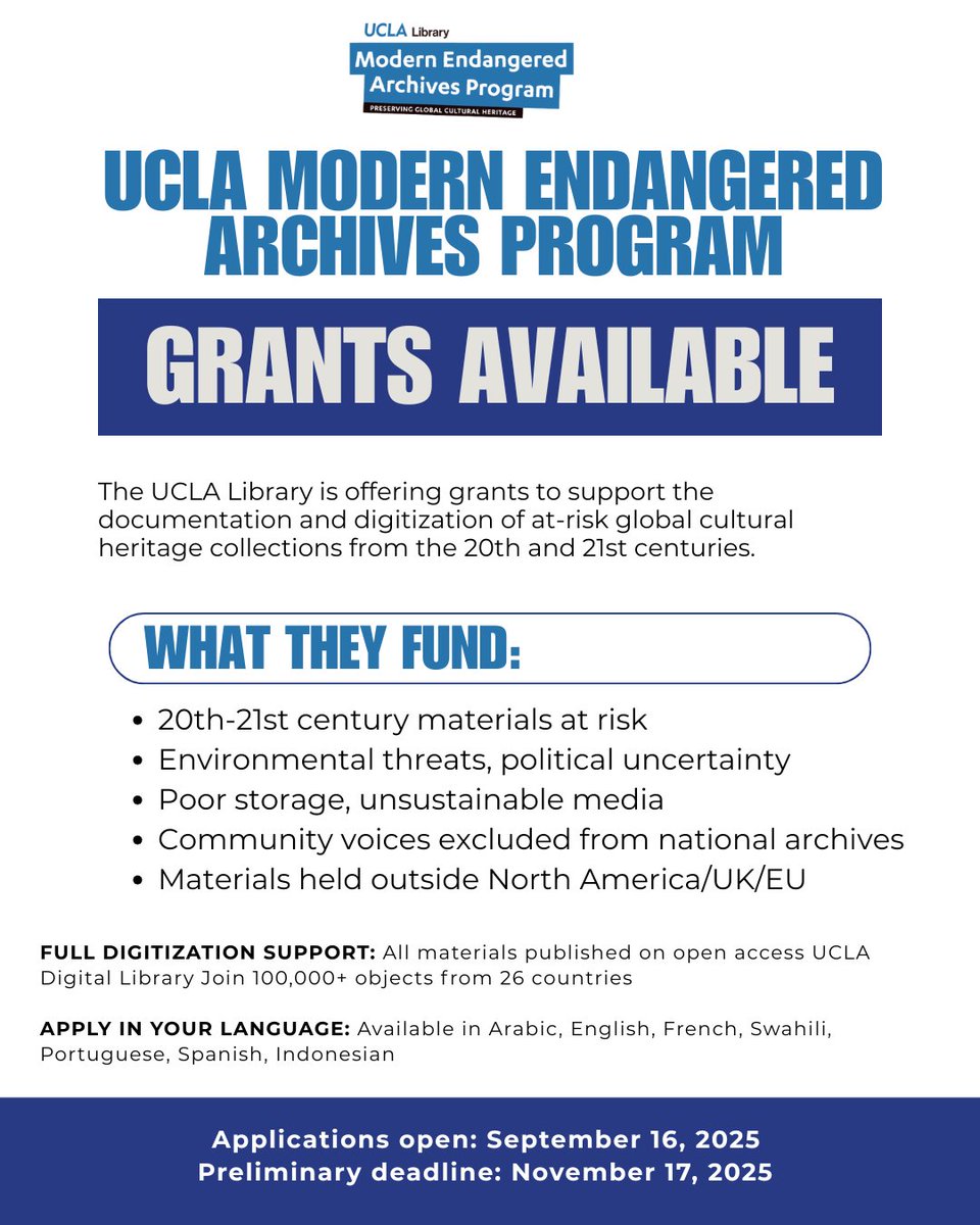 Check out this archival grant being offered by @uclalibrary at <a href="/UCLA/">UCLA</a>! This is a great opportunity for our West African &amp; American community members to collaborate on a digitization project!  

Learn more &amp; access additional resources for applicants at ow.ly/gHhW50WXMYZ