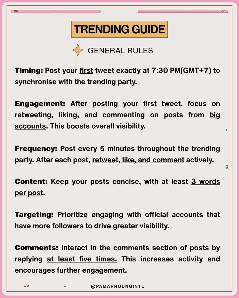 PAMARHOUNGINTL's tweet image. (1/5) Trending Guide.
HamHam! Please carefully read the guide below to assure the best results for upcoming Trending Events 🎀
#PamArhoung #ArhoungPam
#QueendomTheSeries