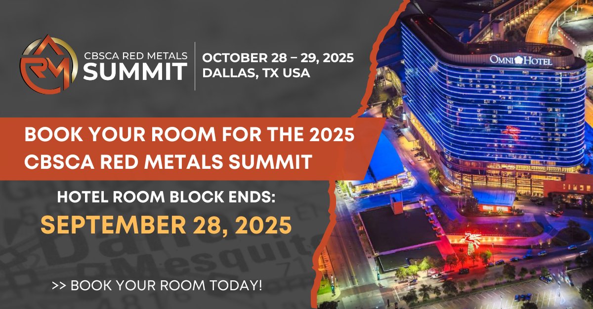 ⏳ Don’t miss out! Book your CBSCA Red Metals Summit hotel room by Sept 28, 2025 to secure the special rate. After that, rates go up!

📍 Dallas | Oct 28–29
🔗 ow.ly/LhzV50WY9wX

#RedMetalsSummit #CBSCA #CopperBrass