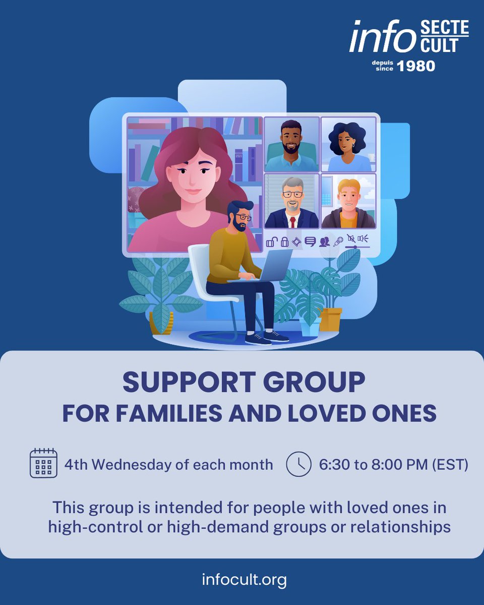 Info_Secte's tweet image. 📣 We are excited to announce the launch of english-language meetings of the #SupportGroup for the families and loved ones of people in #HighControlGroups or relationships.

➡️ To take part, please click infosecte.org/en/support-gro…